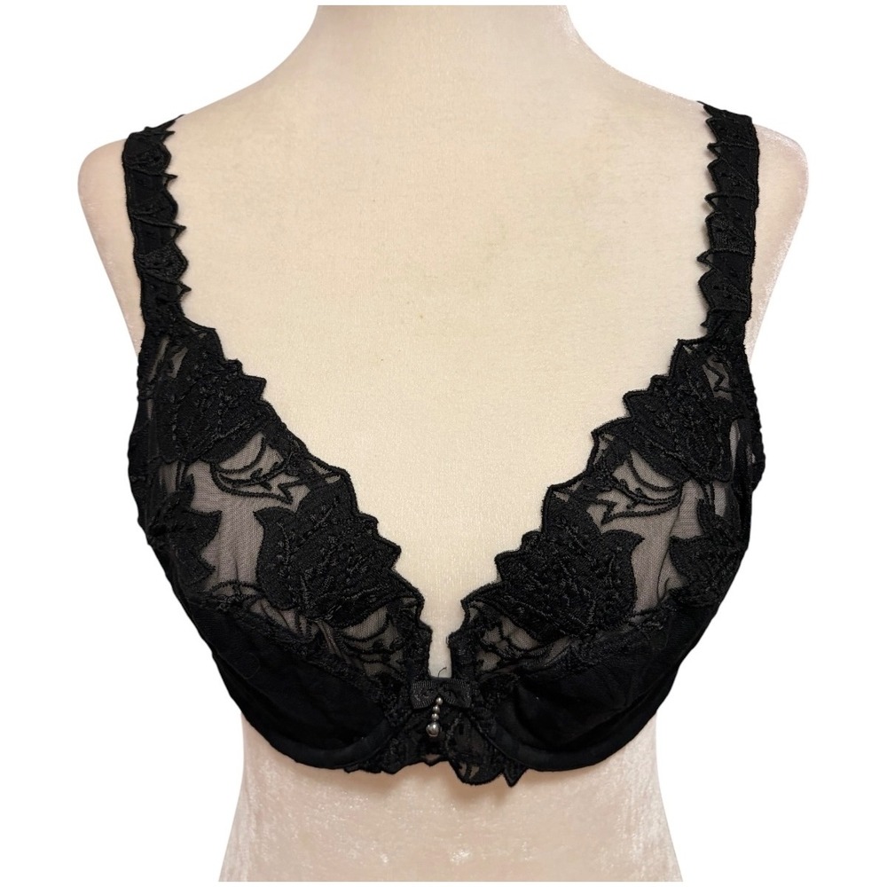 Lejaby Black Floral Lace Underwire Bra Size 34D Made in France Intimates